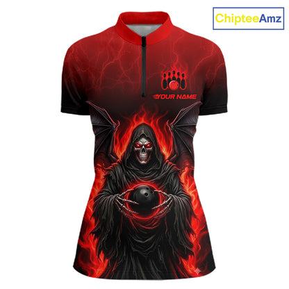 A women's short-sleeve quarter-zip performance shirt with a red and black gradient background and a detailed graphic of a hooded grim reaper holding a bowling ball. The shirt features a red collar, a red quarter-zip, a custom name placeholder on the chest, and a paw print graphic above it.