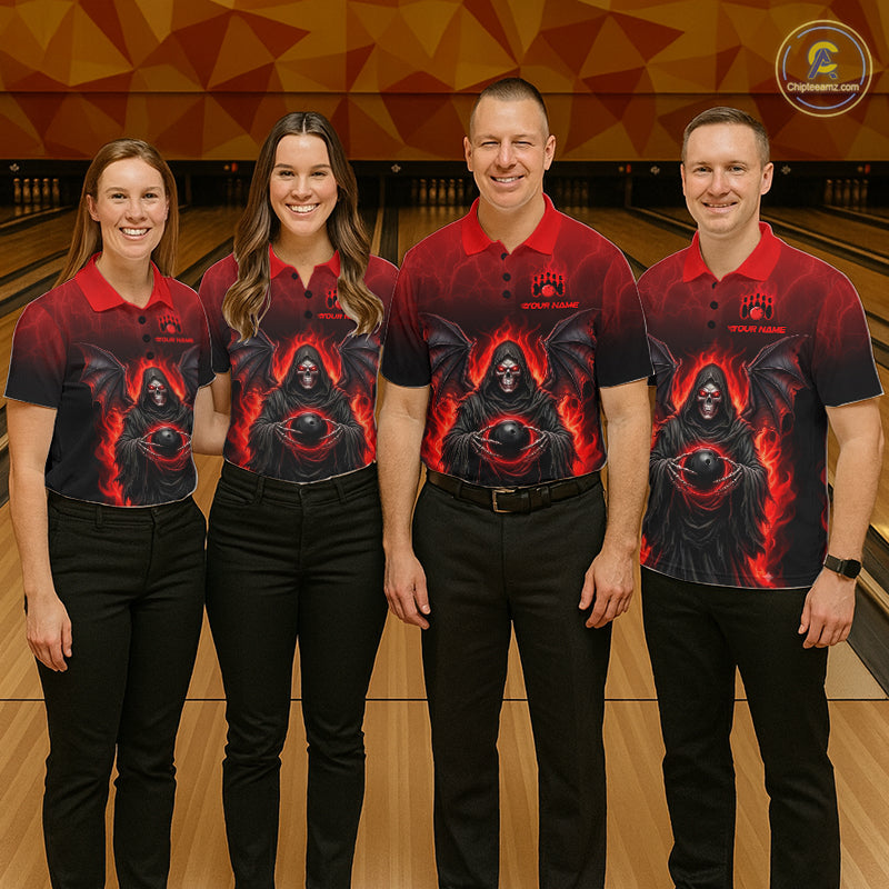 Personalized Grim Reaper Women Bowling Polo Shirt, Custom Team Name 1/4 Zip Bowling Jersey|Red NHT1320