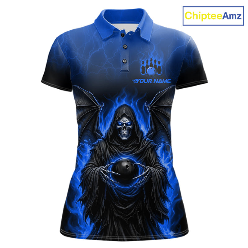 A short-sleeve polo shirt with a dark blue and black gradient, featuring a graphic of a hooded grim reaper surrounded by glowing blue flames and holding a bowling ball. The shirt has a blue collar, a three-button placket, and a customizable chest design with a bowling pin icon and the text 'YOUR NAME'.
