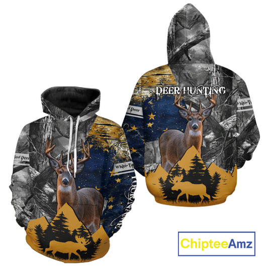 WhiteTails Deer Hunting Alaska Flag with Custom Name, Camo Gray Camouflage Details  NHT09