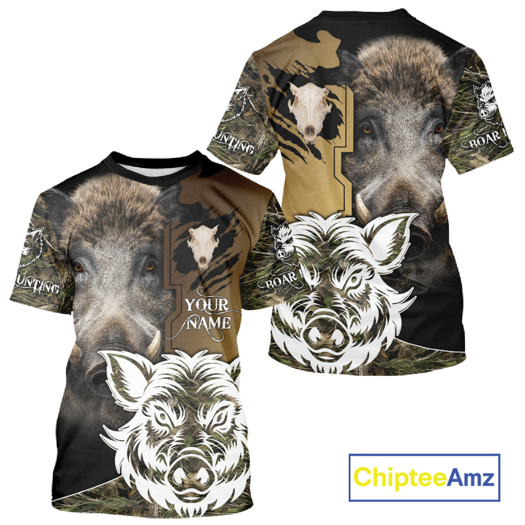 Wild Boar Hunting Shirt Custom Name Camo Skull Hunting Clothes For Hunters Gift NHT110