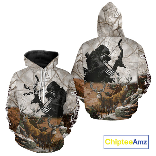 Brown Bowhunting Deer Camouflage Personalized Hunting Bow Grim Reaper Shirt NHT17