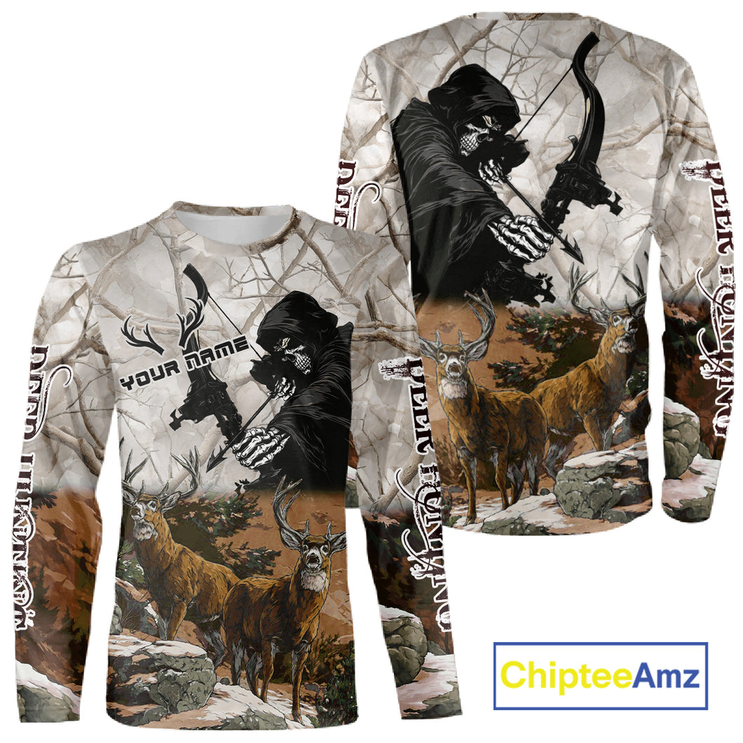 Brown Bowhunting Deer Camouflage Personalized Hunting Bow Grim Reaper Shirt NHT17