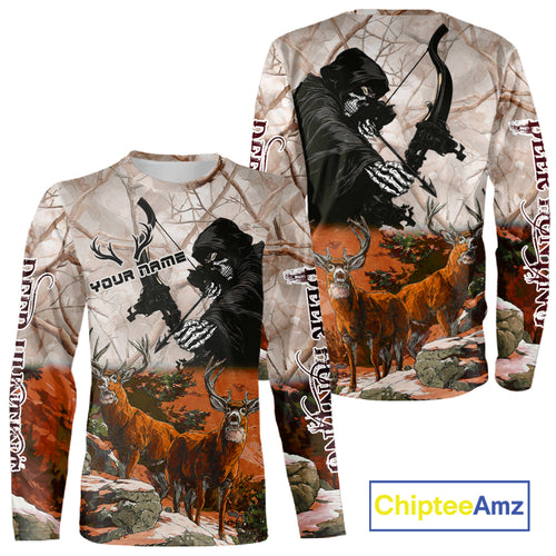 Orange Bowhunting Deer Camouflage Personalized Hunting Bow Grim Reaper Shirt NHT18