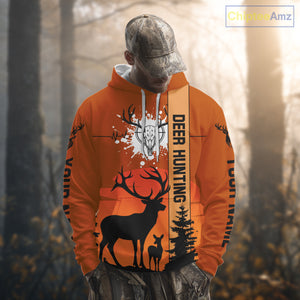 Custom Deer Hunting Shirt Orange 3D All Over Print with Deer Skull & Forest Silhouette NHT33