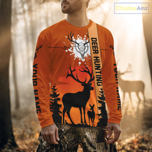 Custom Deer Hunting Shirt Orange 3D All Over Print with Deer Skull & Forest Silhouette NHT33