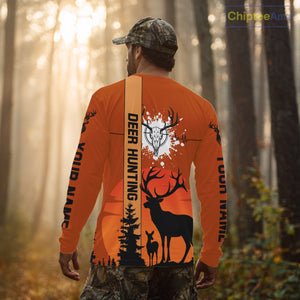 Custom Deer Hunting Shirt Orange 3D All Over Print with Deer Skull & Forest Silhouette NHT33
