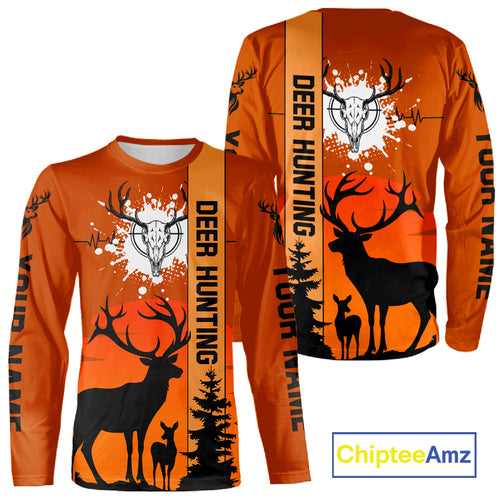 Custom Deer Hunting Shirt Orange 3D All Over Print with Deer Skull & Forest Silhouette NHT33