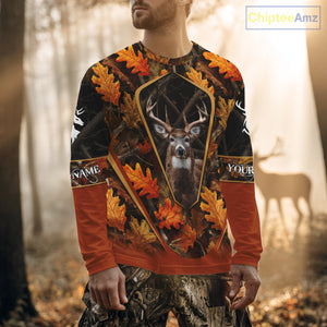 Personalized Whitetail Deer Hunting 3D All Over Printed Hoodie Orange Autumn Leaves Camo NHT43
