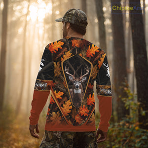 Personalized Whitetail Deer Hunting 3D All Over Printed Hoodie Orange Autumn Leaves Camo NHT43
