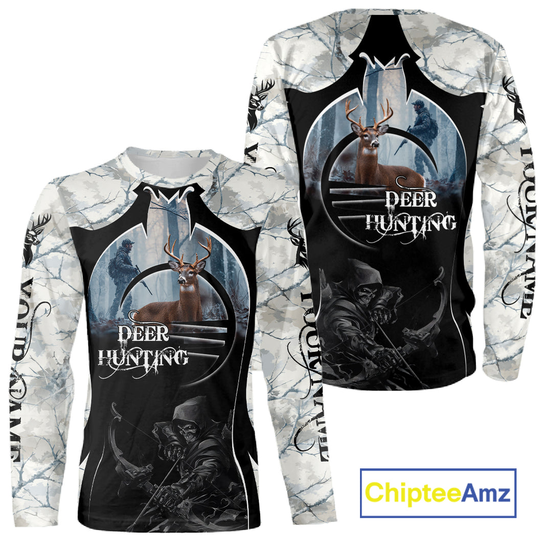 Best Buck Deer Hunting Clothes Winter Camo Grim Reaper Design Custom Name For Hunters NHT44