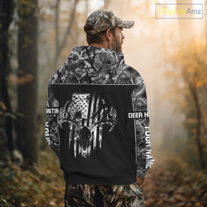Beautiful Gray Black Camo Deer Hunting Shirt With Skull Print And US Flag Hunting Gifts NHT68
