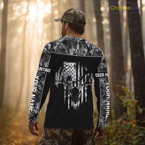 Beautiful Gray Black Camo Deer Hunting Shirt With Skull Print And US Flag Hunting Gifts NHT68
