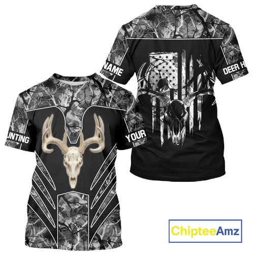 Beautiful Gray Black Camo Deer Hunting Shirt With Skull Print And US Flag Hunting Gifts NHT68