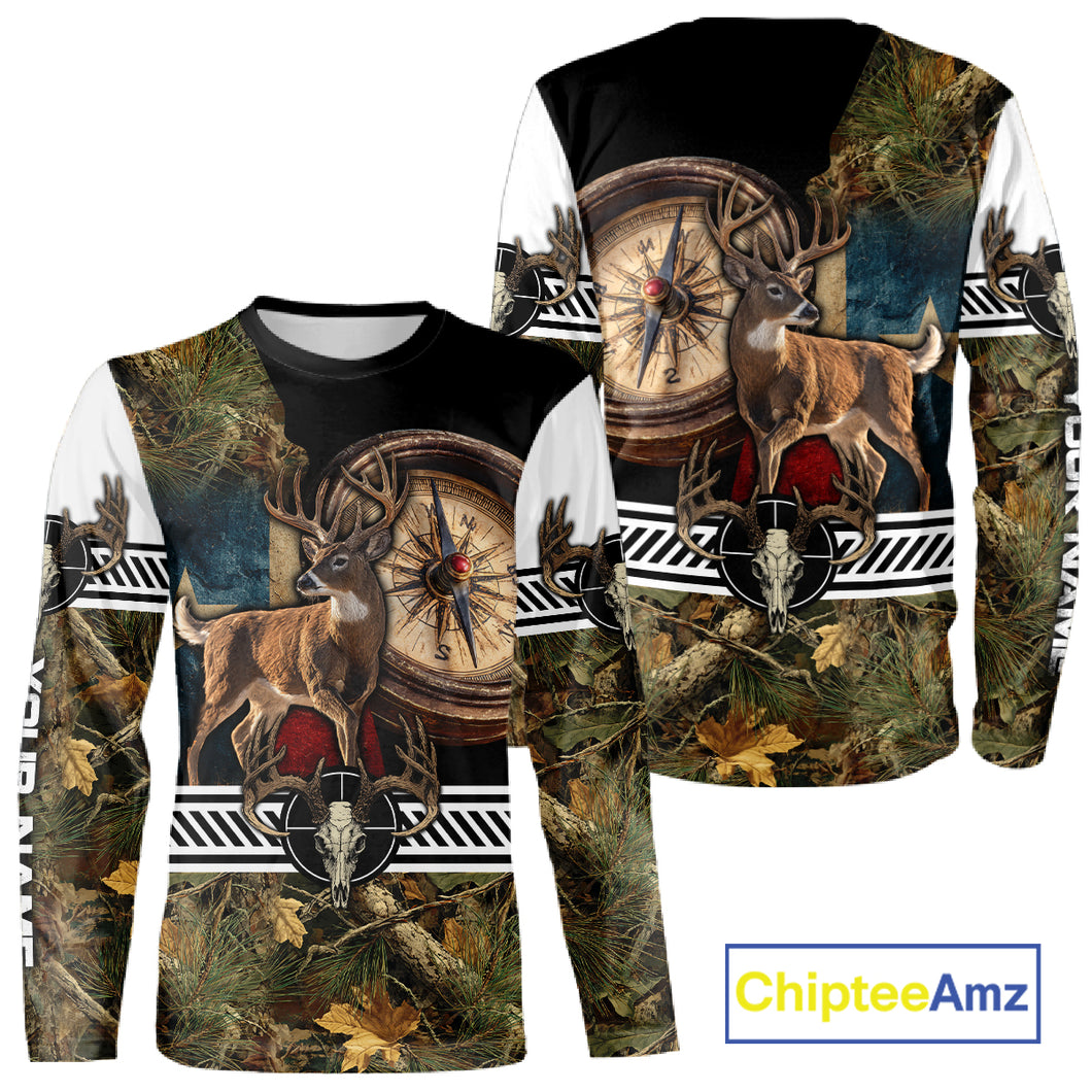 Deer Hunting Shirt Compass Design Forest Camo Custom Name Whitetail Deer Hunting Clothes NHT85