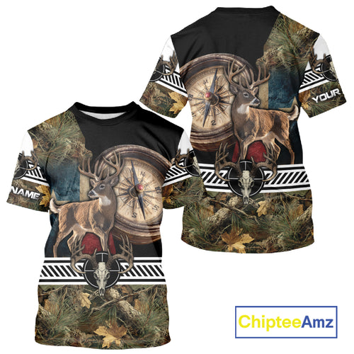 Deer Hunting Shirt Compass Design Forest Camo Custom Name Whitetail Deer Hunting Clothes NHT85