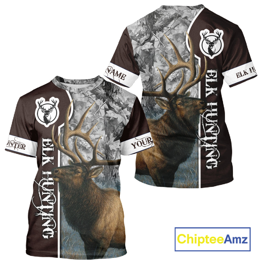 Elk Hunting Shirt Personalized 3D All Over Print Brown With Gray Camo Hunting Clothes NHT99