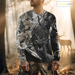 Custom 3D Deer Hunting Shirt With Black Deer Grim Reaper Winter Camo For Deer Hunting Season NHT74