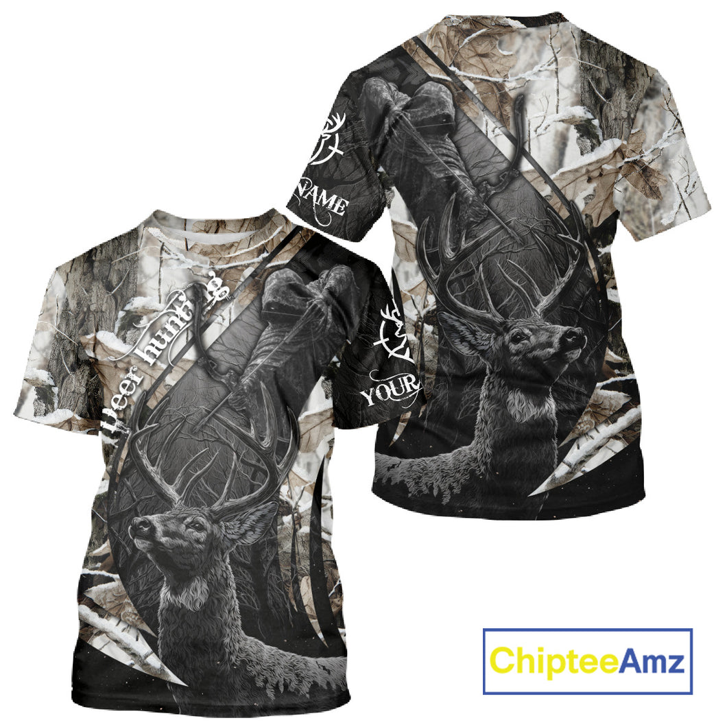 Custom 3D Deer Hunting Shirt With Black Deer Grim Reaper Winter Camo For Deer Hunting Season NHT74