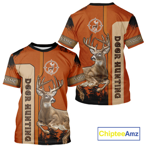 Custom Orange Whitetail Deer Hunting 3D Shirt With Name Print For Hunters, Hunting Gift NHT69