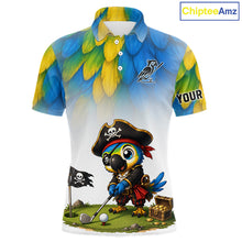 Load image into Gallery viewer, Personalized pirate parrot mens golf polo shirt, custom pirate bird golf jersey, front view.