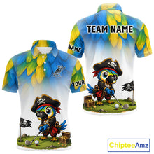Load image into Gallery viewer, Personalized pirate parrot mens golf polo shirt, custom pirate bird golf jersey, front view.