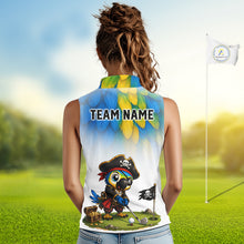Load image into Gallery viewer, Close up of personalized pirate parrot womens sleeveless golf polo, detail of custom text area for name and team.