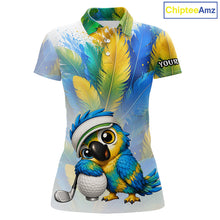 Load image into Gallery viewer, Personalized parrot womens golf polo shirt, cute bird hugging golf ball, front view.