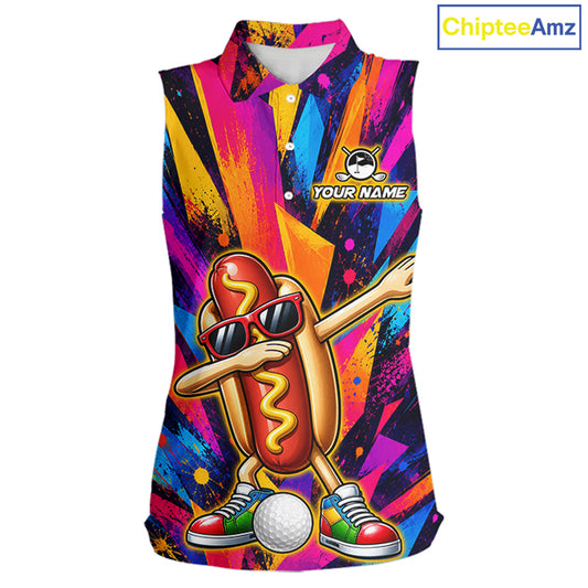 Funny Hot Dog Women Sleeveless Golf Polo Shirt Custom Name, Dab Hotdog Golf Team Polo, Personalized Golf Gift NHT1334
