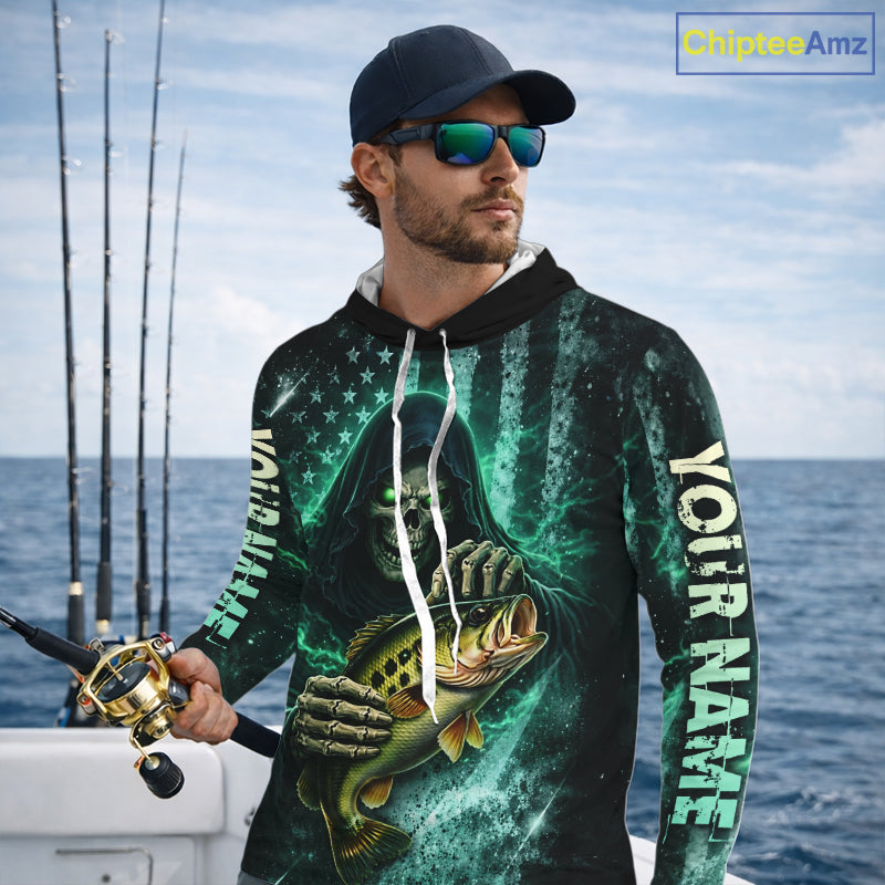 Custom Team Name Grim Reaper Bass Fishing With American Flag - Hooded Patriotic Bass Fishing Jersey NHT515