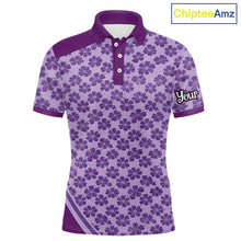 Load image into Gallery viewer, Custom Mens Purple Floral Golf Polo, Personalized Violet Flower Golf Shirt With Name NHT696
