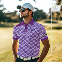 Load image into Gallery viewer, Custom Mens Purple Floral Golf Polo, Personalized Violet Flower Golf Shirt With Name NHT696