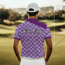 Load image into Gallery viewer, Custom Mens Purple Floral Golf Polo, Personalized Violet Flower Golf Shirt With Name NHT696