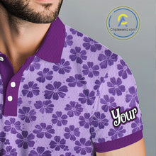 Load image into Gallery viewer, Custom Mens Purple Floral Golf Polo, Personalized Violet Flower Golf Shirt With Name NHT696