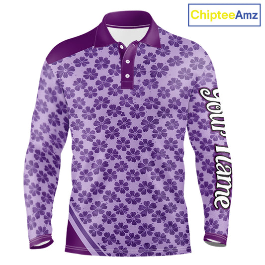 Custom Mens Purple Floral Golf Polo, Personalized Violet Flower Golf Shirt With Name NHT696