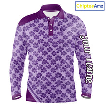 Load image into Gallery viewer, Custom Mens Purple Floral Golf Polo, Personalized Violet Flower Golf Shirt With Name NHT696