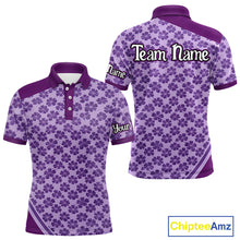 Load image into Gallery viewer, Custom Mens Purple Floral Golf Polo, Personalized Violet Flower Golf Shirt With Name NHT696