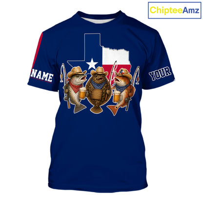 Funny Cowboy Trout, Flounder, Redfish Texas Flag Fishing T-Shirt  Apparel|Blue 