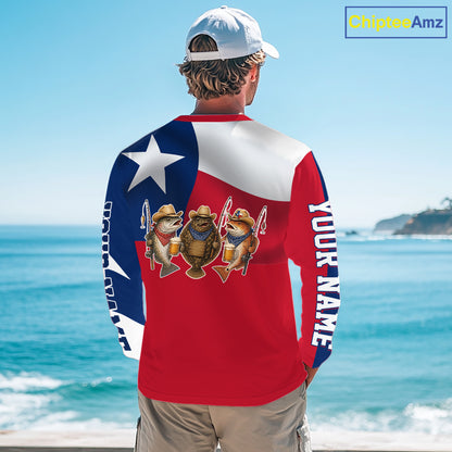 Funny Cowboy Trout, Flounder, Redfish Texas Flag Long Sleeve Fishing Shirts Apparel|Red
