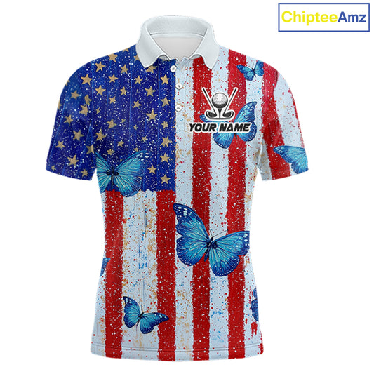 Personalized Blue Butterfly American Flag Polo – Custom Name Patriotic Golf Polo Shirt