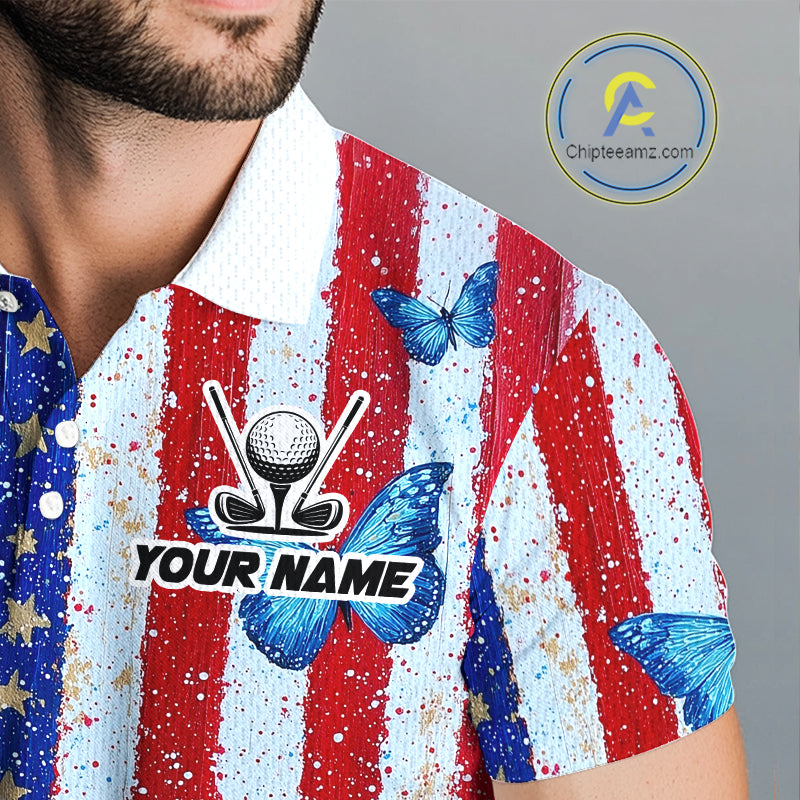 Shirt with American flag design, golf ball and butterfly graphics, and 'Your Name' text placeholder.
