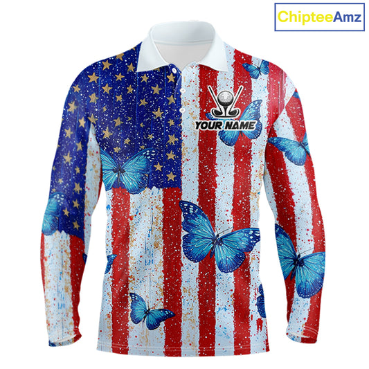 Personalized Blue Butterfly American Flag Polo – Custom Name Patriotic Golf Polo Shirt