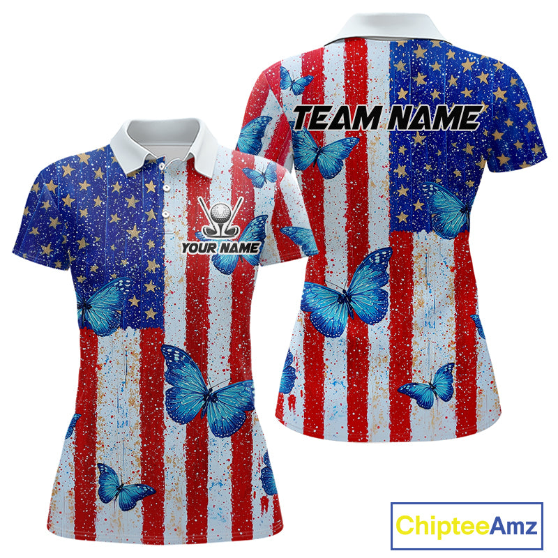 Personalized Blue Butterfly American Flag Polo – Custom Name Patriotic Womens Golf Polo Shirt