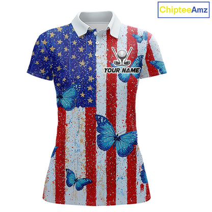 Personalized Blue Butterfly American Flag Polo – Custom Name Patriotic Womens Golf Polo Shirt