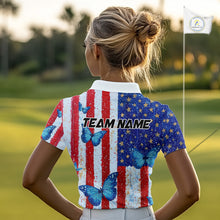 Load image into Gallery viewer, Personalized Blue Butterfly American Flag Polo – Custom Name Patriotic Womens Golf Polo Shirt NHT1034
