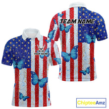 Load image into Gallery viewer, Personalized Blue Butterfly American Flag Polo – Custom Name Patriotic Golf Polo Shirt