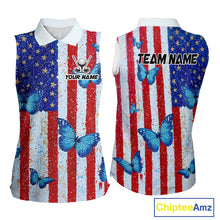 Load image into Gallery viewer, Personalized Blue Butterfly American Flag Polo – Custom Name Patriotic Womens Sleeveless Golf Polo Shirt
