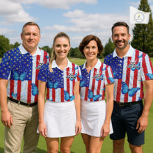 Load image into Gallery viewer, Personalized Blue Butterfly American Flag Polo – Custom Name Patriotic Womens Golf Polo Shirt NHT1034