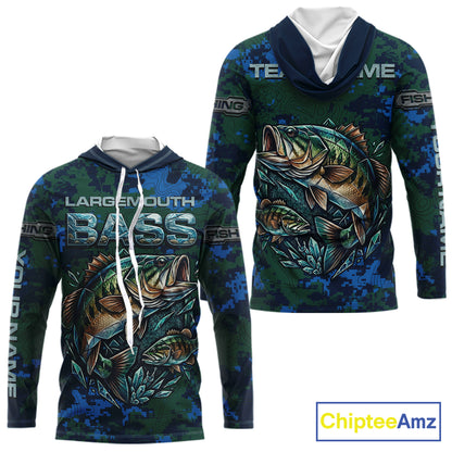 Green Camo Bass Fishing Shirt Long Sleeve Hooded, Bass Fishing Jersey, Performance Fishing Apparel NHT877