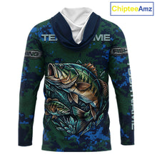 Load image into Gallery viewer, Green Camo Bass Fishing Shirt Long Sleeve Hooded, Bass Fishing Jersey, Performance Fishing Apparel NHT877